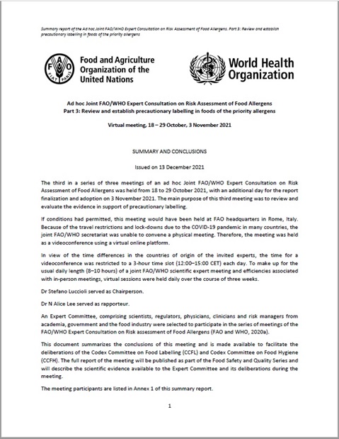 Ad hoc Joint FAO/WHO Expert Consultation on Risk Assessment of Food Allergens Part 3: Review and establish exemptions for the food allergens
