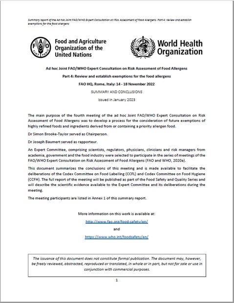 Ad hoc Joint FAO/WHO Expert Consultation on Risk Assessment of Food Allergens Part 4: Review and establish exemptions for the food allergens
