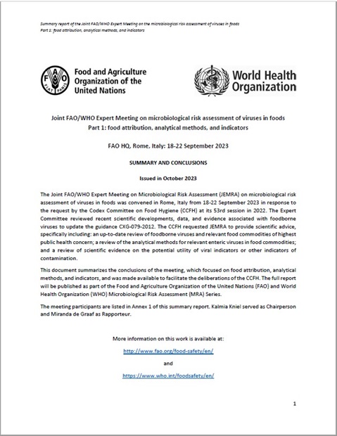 Joint FAO/WHO Expert Meeting on microbiological risk assessment of viruses in foods Part 1: food attribution, analytical methods, and indicators