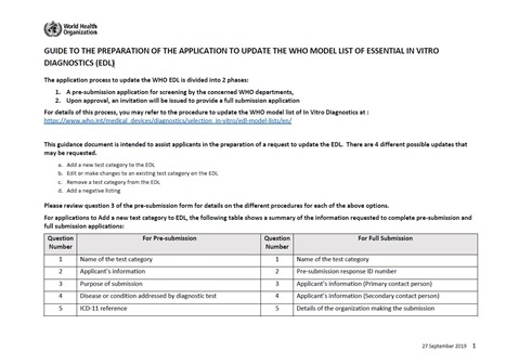 Guide to the preparation of the application to update the who model list of essential in vitro diagnostics (EDL)