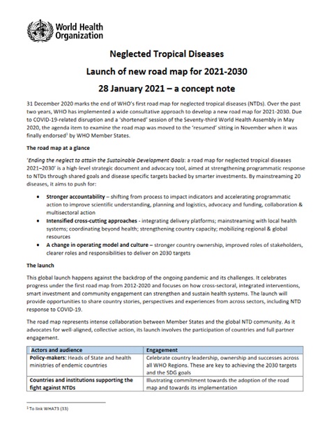 Neglected Tropical Diseases Launch of new road map for 2021–2030. 28 January 2021 – a concept note