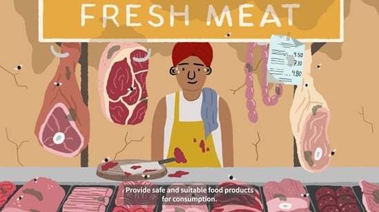 Illustration of a man behind a meat counter in a traditional market